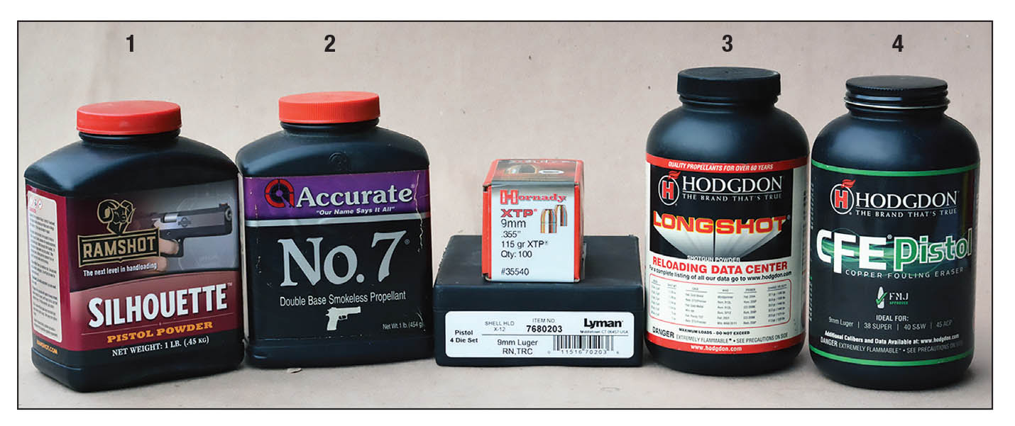 Top choices for 9mm Luger +P loads include: (1) Ramshot Silhouette, (2) Accurate No. 7, (3) Hodgdon Longshot and (4) CFE Pistol.